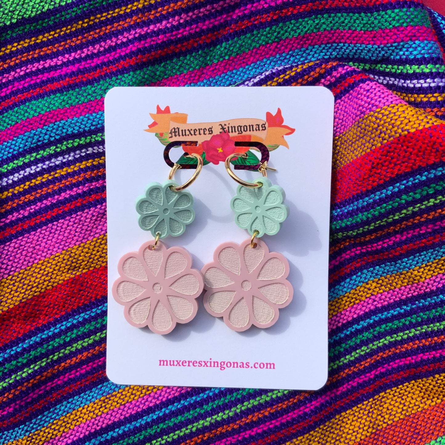 Green & Pink Flower Earrings